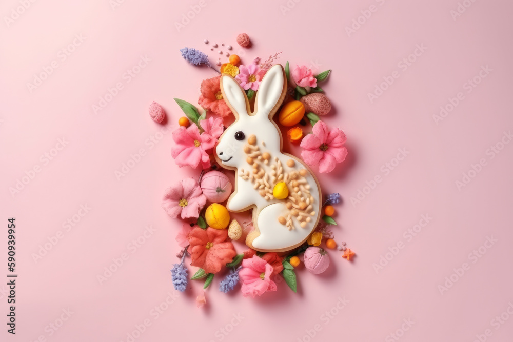 Holiday Easter cookies rabbit with flowers on colored background. Generative AI Technology.