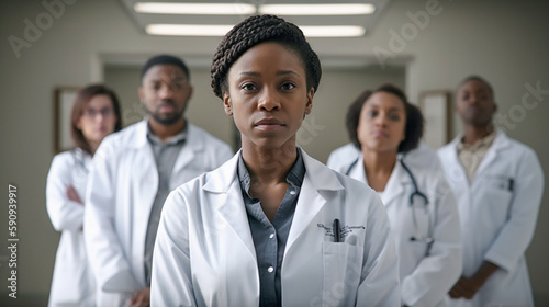 Young Adult Female African American Doctor In Front of Her Proud Staff - Generative AI.