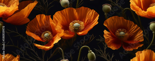 Seamless realistic 3d golden poppies flowers illustration pattern created with Generative AI technology