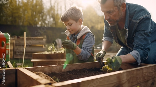 Young Father and Son Gardening in The Back Yard Together - Generative AI.