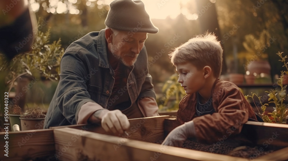 Elderly Grandfather Teaching His Young Grandson About Gardening - Generative AI.