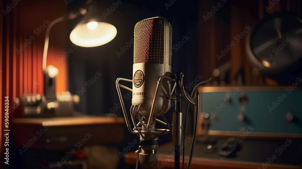 Classic Studio Microphone In The Stand in a Music Studio Setting - Generative AI.