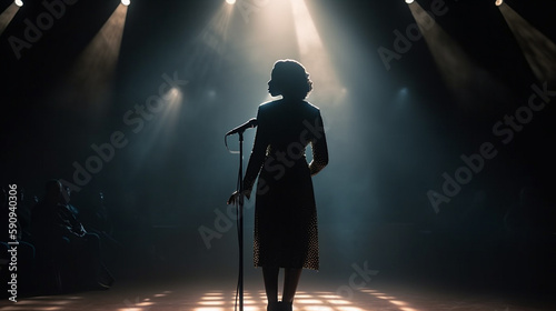 Silhouette of a Female Singer on Stage Next To The Microphone Under The Lights - Generative AI.