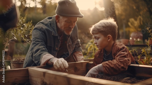 Elderly Grandfather Teaching His Young Grandson About Gardening - Generative AI. photo