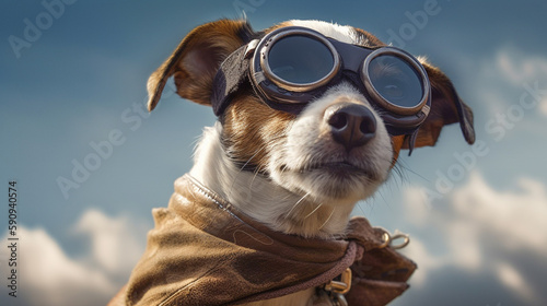 Cute Parson Russell Terrier Wearing Pilot Goggles and Scarf Ready for Action - Generative AI. © Andy Dean