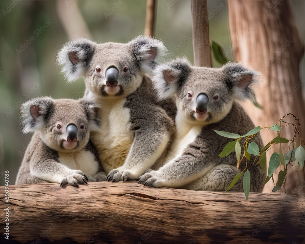 Naklejka premium Adorable Koala Family Resting on Eucalyptus Tree