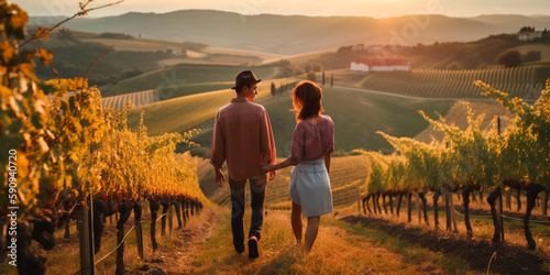 Happy Young Adult Couple Walking Through the Grape Vineyard - Generative AI.