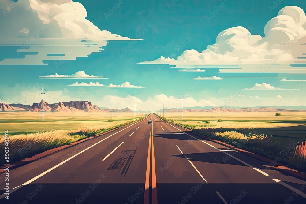 an abandoned road stretching through a desolate landscape. Generative AI