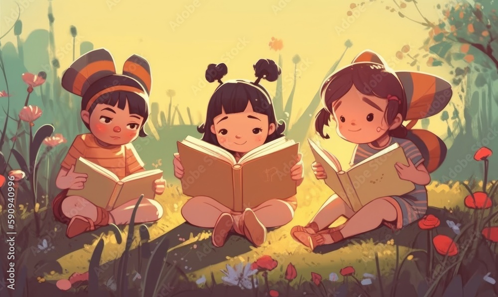Preschool children reading books. flat illustration in the summertime with bees. Generative AI Preschool children reading books. flat illustration in the summertime with bees. Generative AI