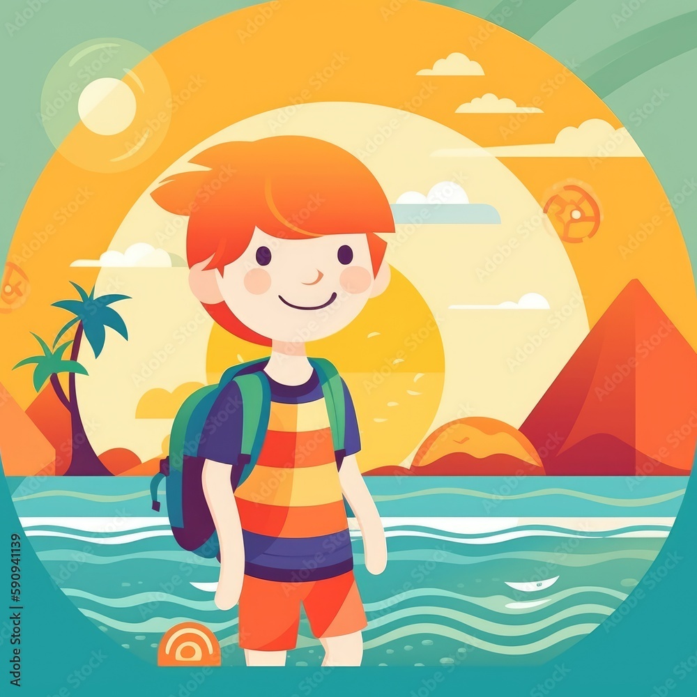 Boy enjoying summer holiday, cartoon illustration with generative ai