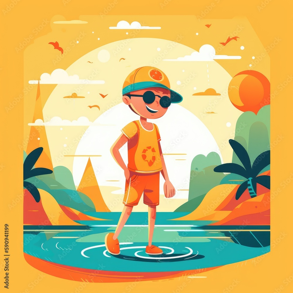 Boy enjoying summer holiday, cartoon illustration with generative ai