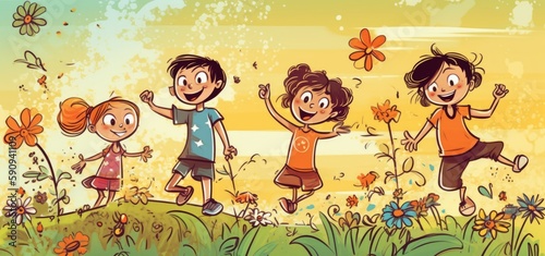 Children run around in the field with the sun behind them  cartoon illustration. generative ai