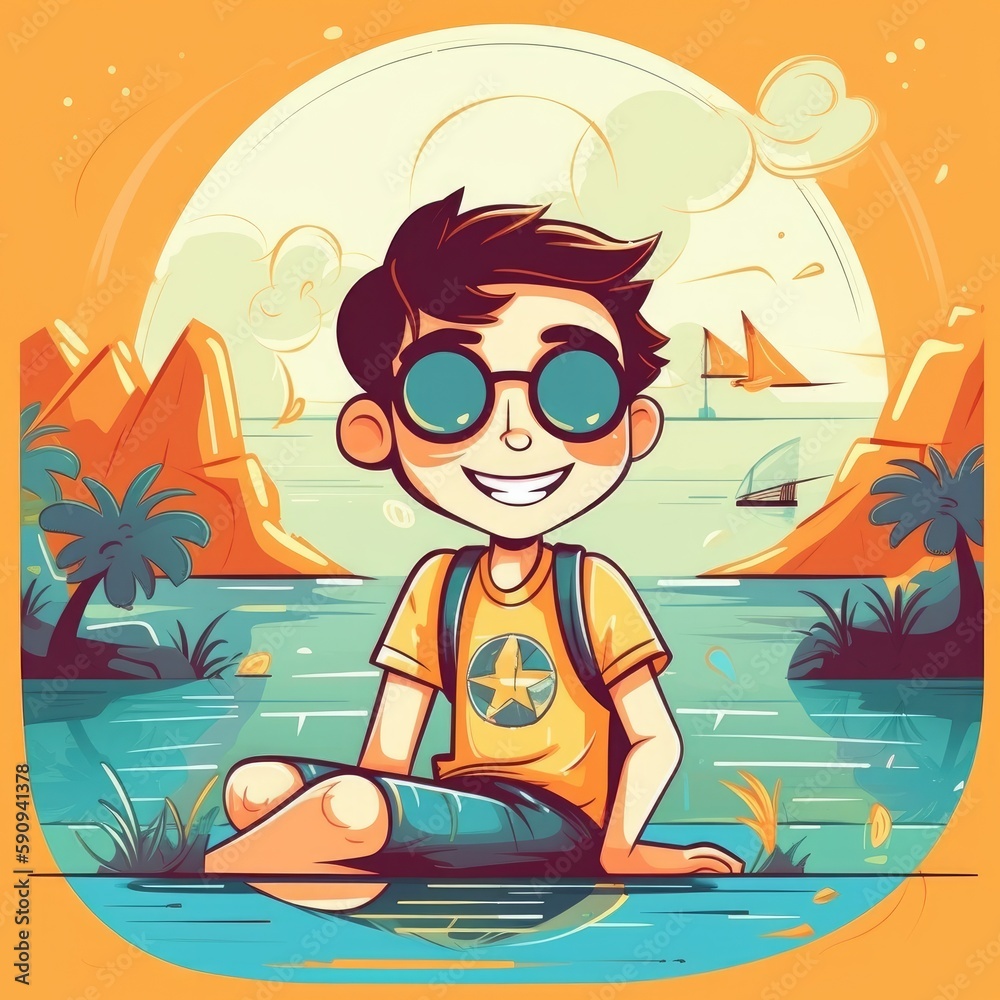 Naklejka premium Boy enjoying summer holiday, cartoon illustration with generative ai