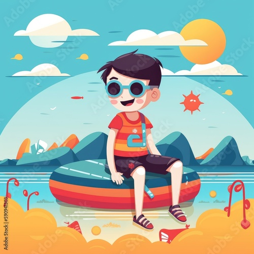 Boy enjoying summer holiday  cartoon illustration with generative ai