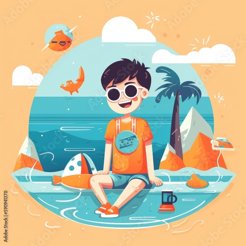 Boy enjoying summer holiday, cartoon illustration with generative ai © Mustafa