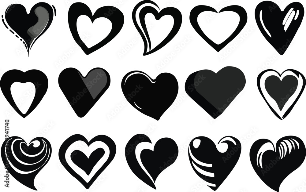 Set of black and white hearts. Heart icons set. Vector illustration Set of black and white hearts. Heart icons set. Vector illustration