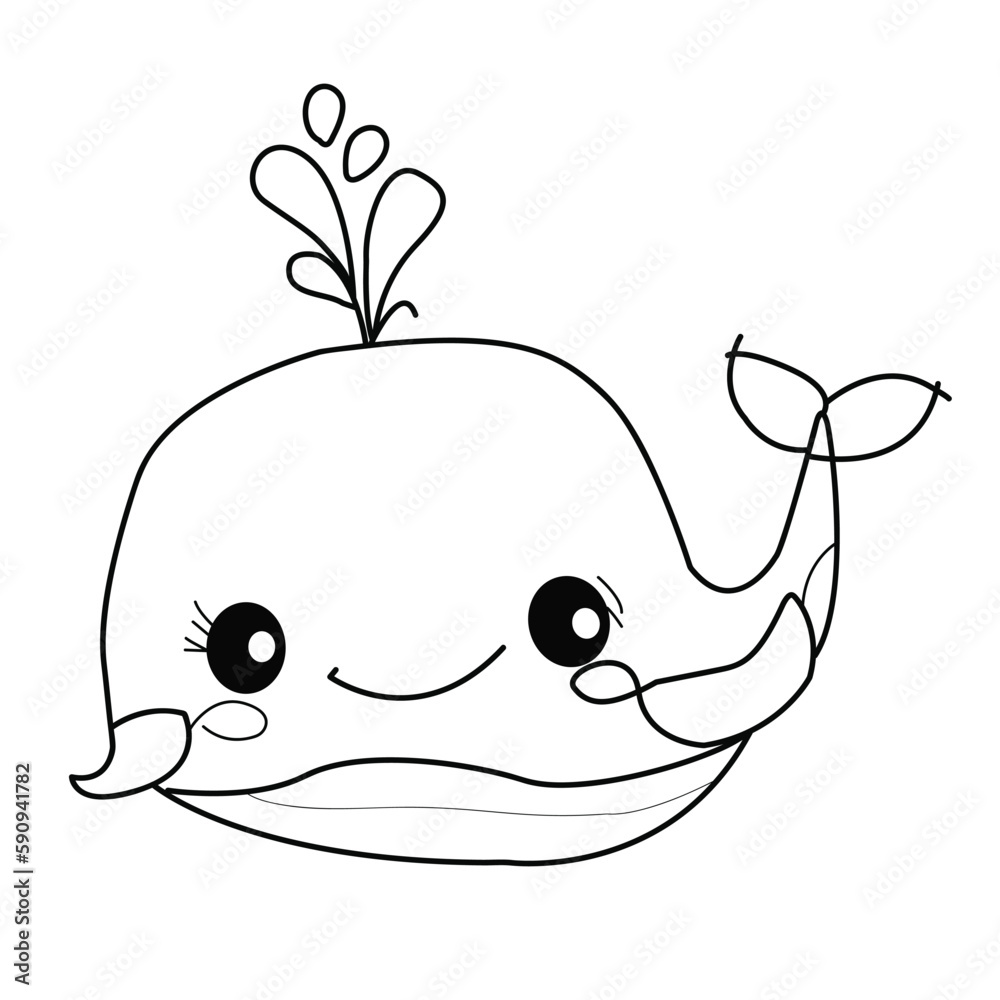 Whale coloring page. Hand drawn whale coloring page. Whale cartoon vector illustration. Stock
