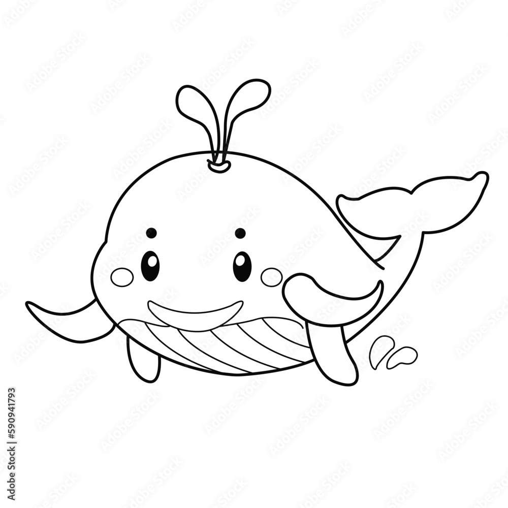 Whale coloring page. Hand drawn whale coloring page. Whale cartoon