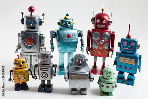 group of colorful toy robots standing in a row. Generative AI