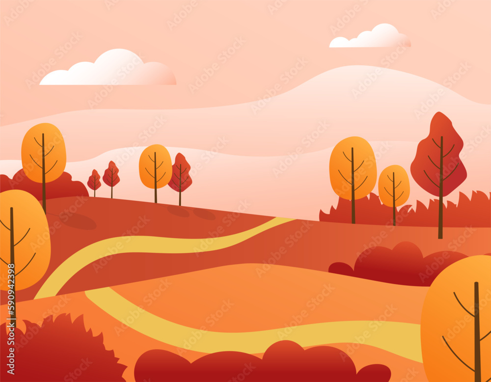 Autumn forest and country road. Bright colorful trees with personality, rural fields and meadows. Vector drawing in a flat style with gradients. Illustrations for banners, backgrounds, advertising, we