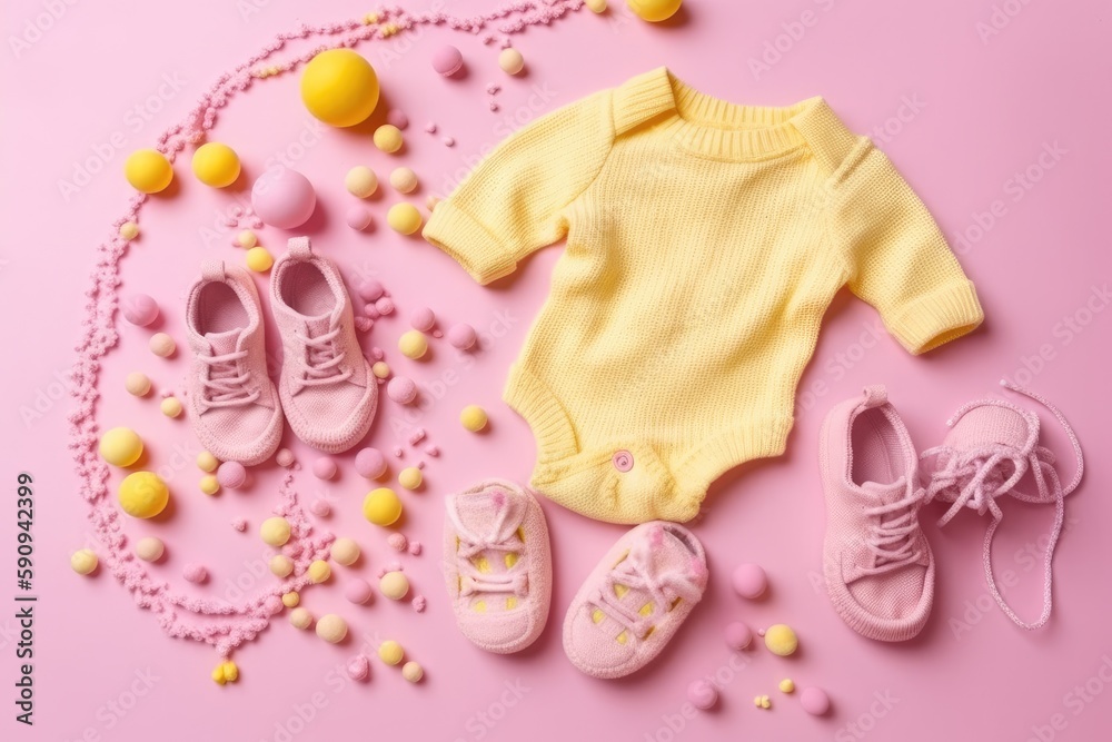 Baby accessories concept. Top view photo of baby clothes with empty space on isolated pastel background. Generative AI Baby accessories concept. Top view photo of baby clothes with empty space on isolated pastel background. Generative AI