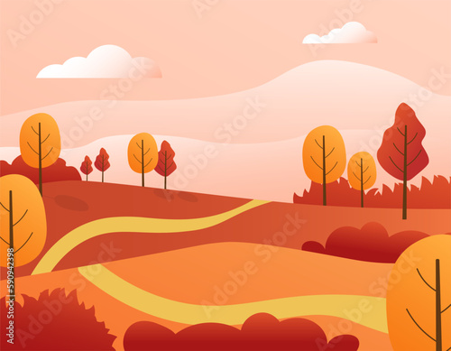 Autumn forest and country road. Bright colorful trees with personality  rural fields and meadows. Vector drawing in a flat style with gradients. Illustrations for banners  backgrounds  advertising  we