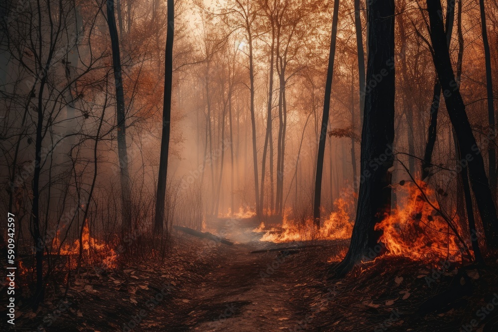 Fototapeta premium Forest fire with trees on fire photo with generative ai
