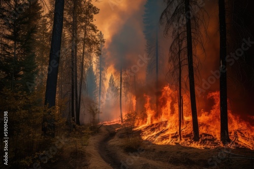 Forest fire with trees on fire photo with generative ai