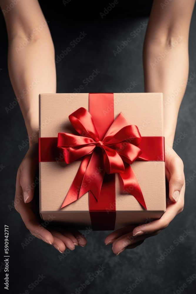 Gift box with ribbon bow in female hands. Generative AI Gift box with ribbon bow in female hands. Generative AI