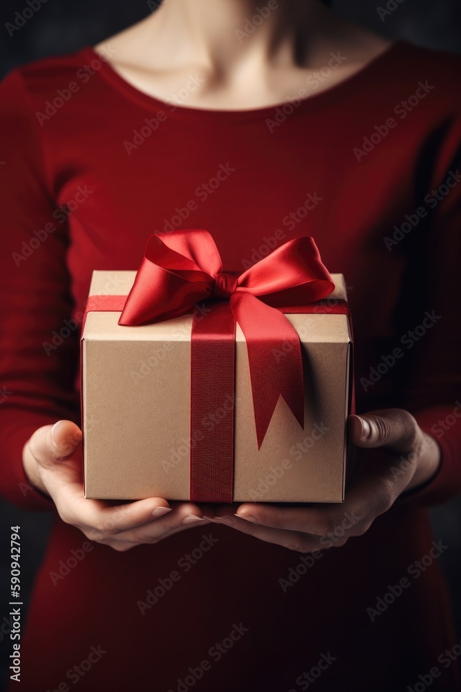 Gift box with red ribbon bow in female hands. Generative AI