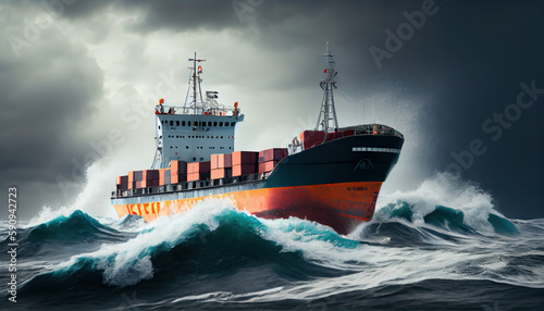 Cargo ship in the open sea stormy weather and brakin. AI generated