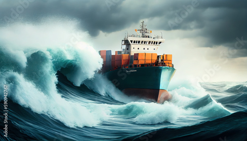 Cargo ship in the open sea stormy weather and brakin. AI generated photo