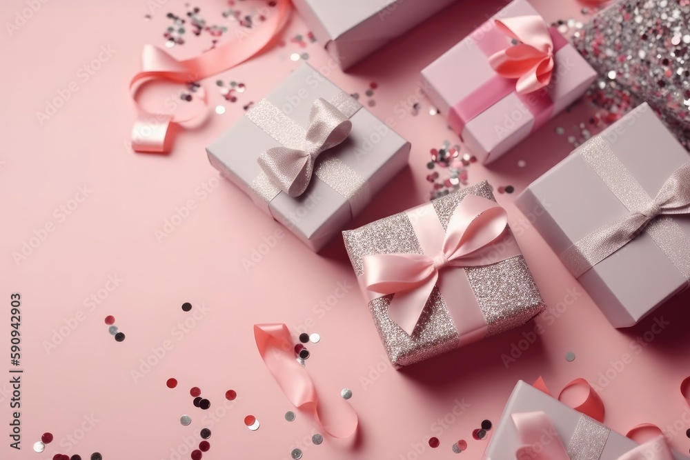 Top view photo of pink gift boxes with pink bow on isolated pastel pink background with copy space. Generative AI