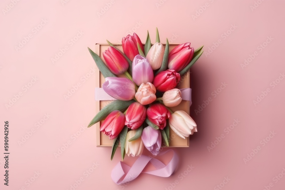 Women's Day concept. Top view photo of bunches of colorful tulips on isolated pastel pink background with copy space. Generative AI