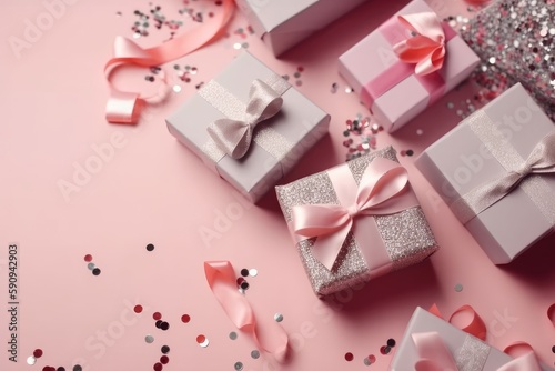 Top view photo of pink gift boxes with pink bow on isolated pastel pink background with copy space. Generative AI