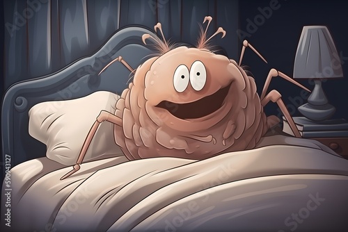 Cartoon dust mite resting in human bed, generative ai