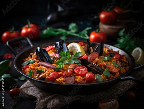 Paella de Mariscos: A seafood version of Spanish paella that includes shrimp, mussels, clams, squid, spices, herbs, vegetables, rice, and sometimes fish. - Generative AI