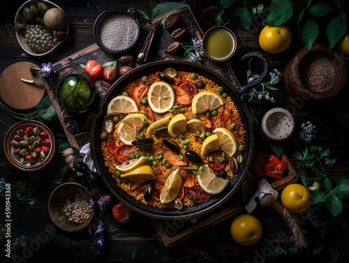 Paella de Mariscos  A seafood version of Spanish paella that includes shrimp  mussels  clams  squid  spices  herbs  vegetables  rice  and sometimes fish. - Generative AI