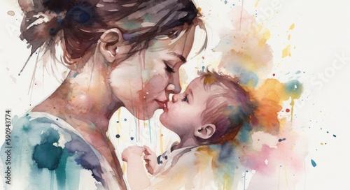 A watercolor drawing of a a mother and child together, illustration with generative ai