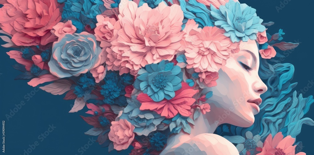 A girl's head filled with flowers, in the style of delicate paper cutouts, generative ai