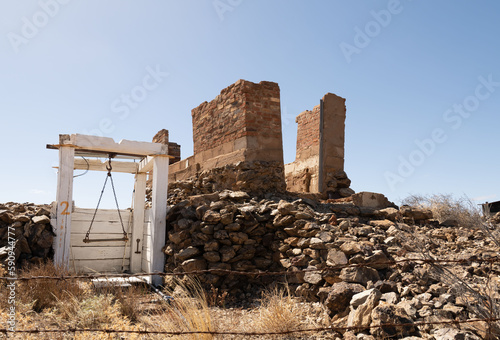 Ruins outside of old mine shaft in the desert town of Silverton, New South Wales, Australia. 