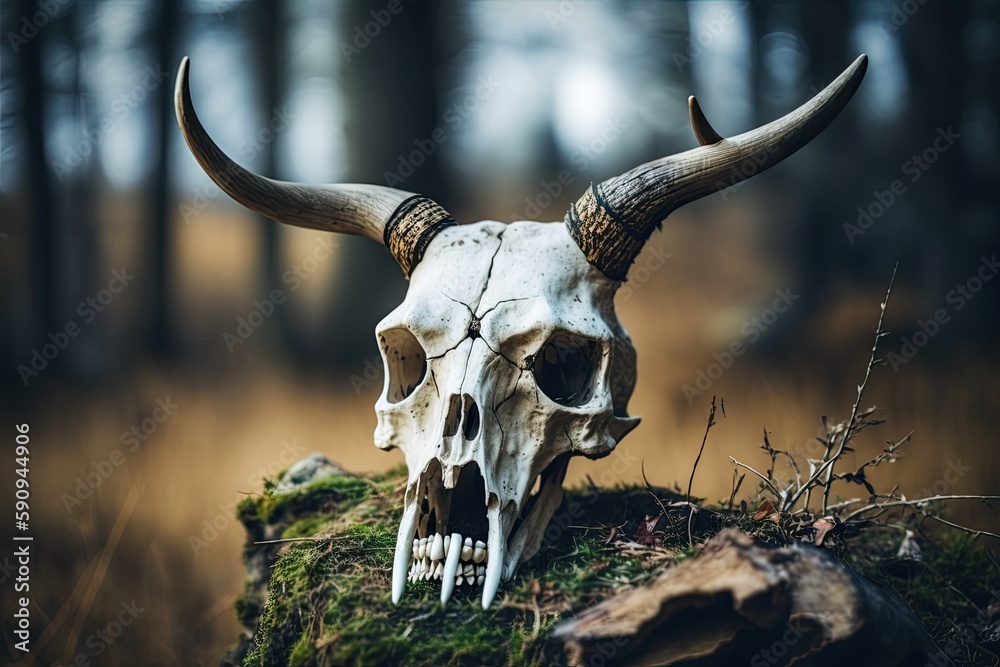 bull skull with impressive horns resting on a bed of mossy rocks. Generative AI bull skull with impressive horns resting on a bed of mossy rocks. Generative AI