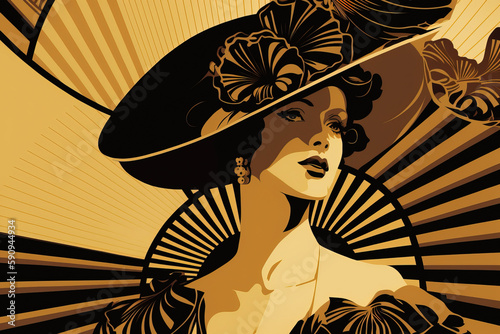 Generative AI. Black and gold art deco style portrait of a beautiful woman photo