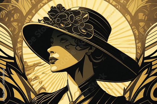 Generative AI. Black and gold art deco style portrait of a beautiful woman