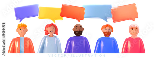 People of different religions, races and appearances on a white background. 3d style. International characters with dialogue bubbles. Vector illustration