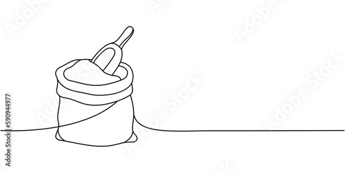 Bag of flour one line continuous drawing. Bakery pastry products continuous one line illustration. Vector minimalist linear illustration.