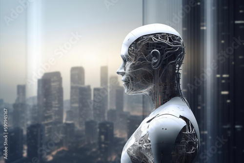 Humanoid Engineer Profile And Modern Cityscape On Background, Made Using Generative Ai © Arma
