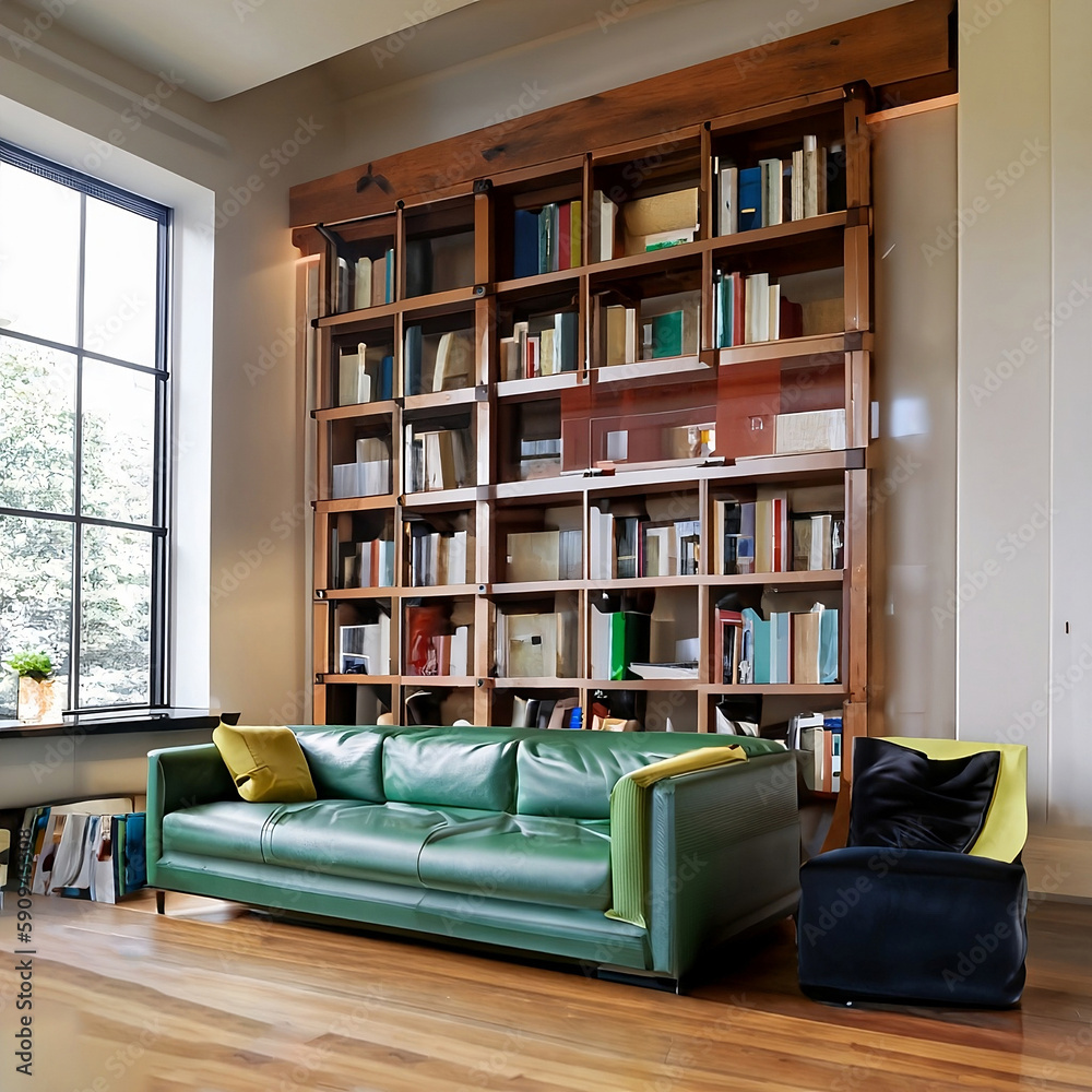 modern new york city room with big windows, built in wooden shelving with colorful books, green leather and oak modern couch and solid oak flooring