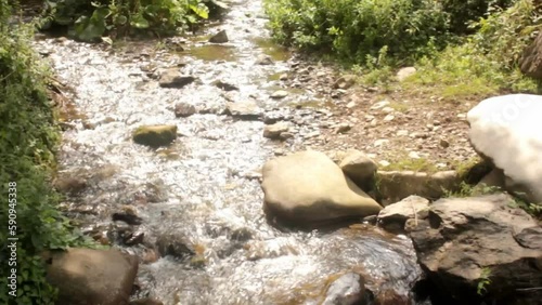 A gentle stream in a forest. Water babbles over the stones. The shot features a top-down view with a camera movement. photo