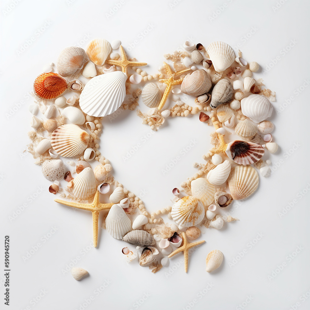 Obraz premium Heart shape composition of seashells and starfishes, flatlay. Generative AI